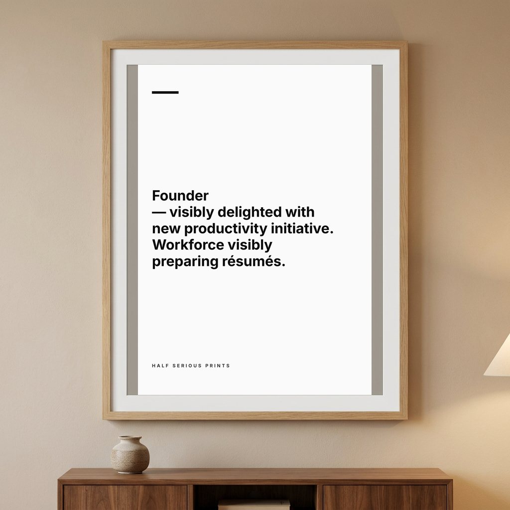Founder visibly delighted with new productivity initiative. Workforce visibly preparing résumés.
