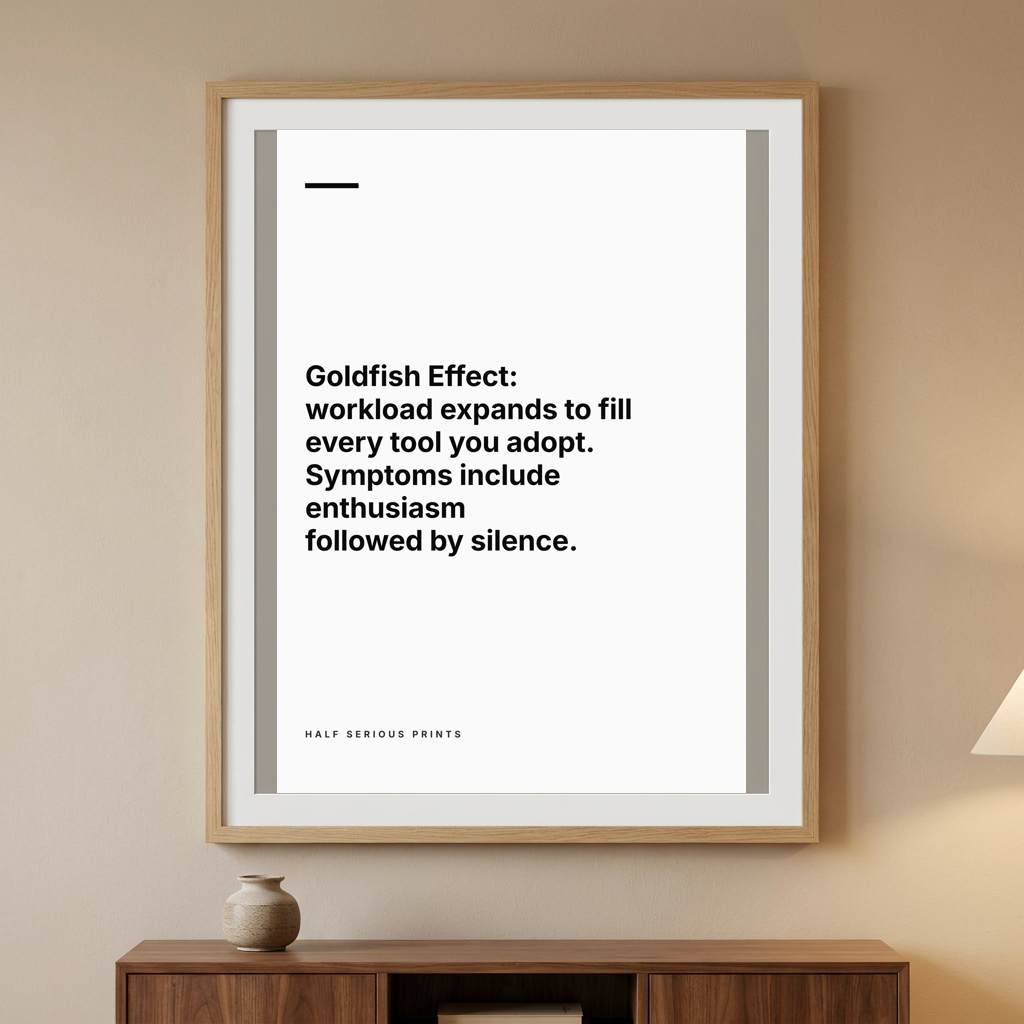 Goldfish Effect: workload expands to fill every tool you adopt. Symptoms include enthusiasm followed by silence.