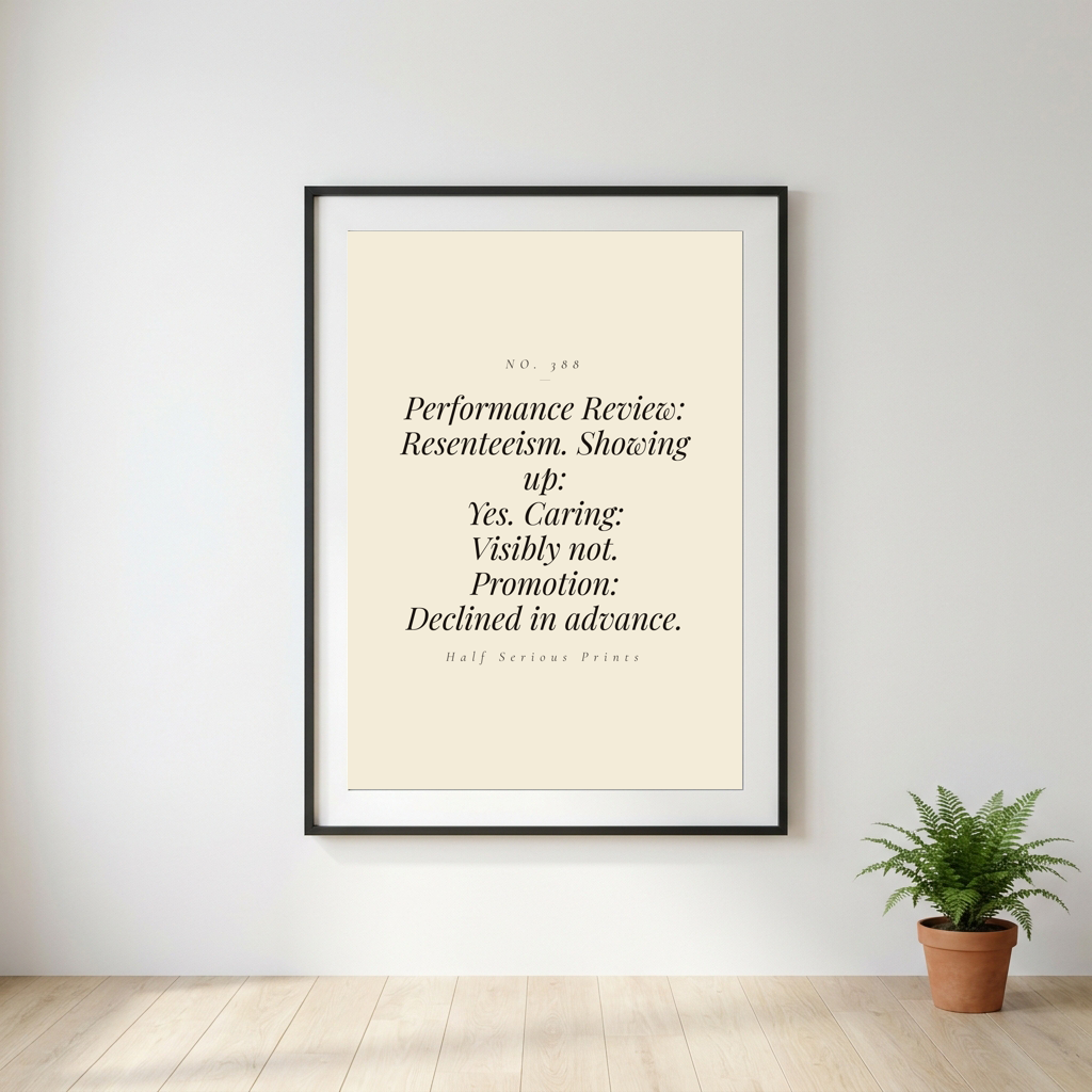 Performance Review: Resenteeism. Showing up: yes. Caring: visibly not. Promotion: declined in advance.