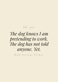 The dog knows I am pretending to work. The dog has not told anyone. Yet.