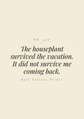 The houseplant survived the vacation. It did not survive me coming back.